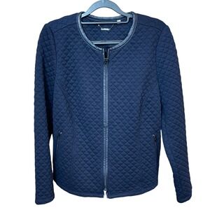 Chico's Quilted Jacket Navy Blue Faux Leather Trim Zip Front Women's Size 1
